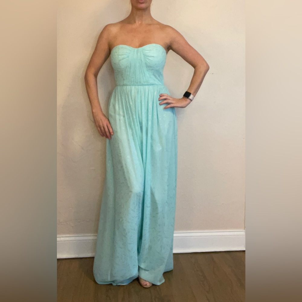 Strapless sweetheart neckline full length teal gown